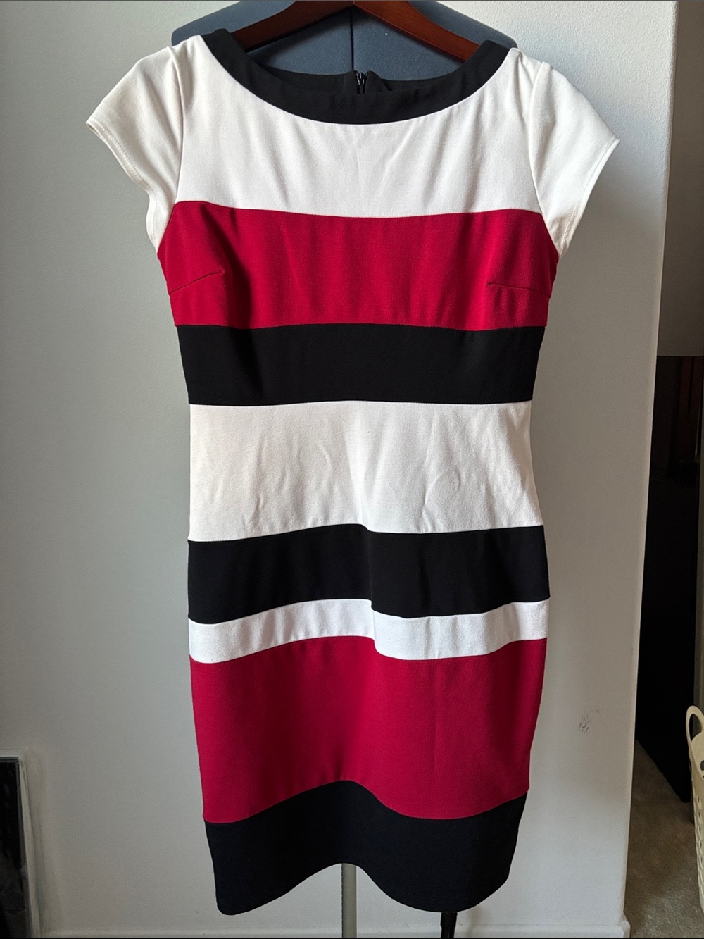 Striped Cap-Sleeve Sheath Dress in White, Black & Red